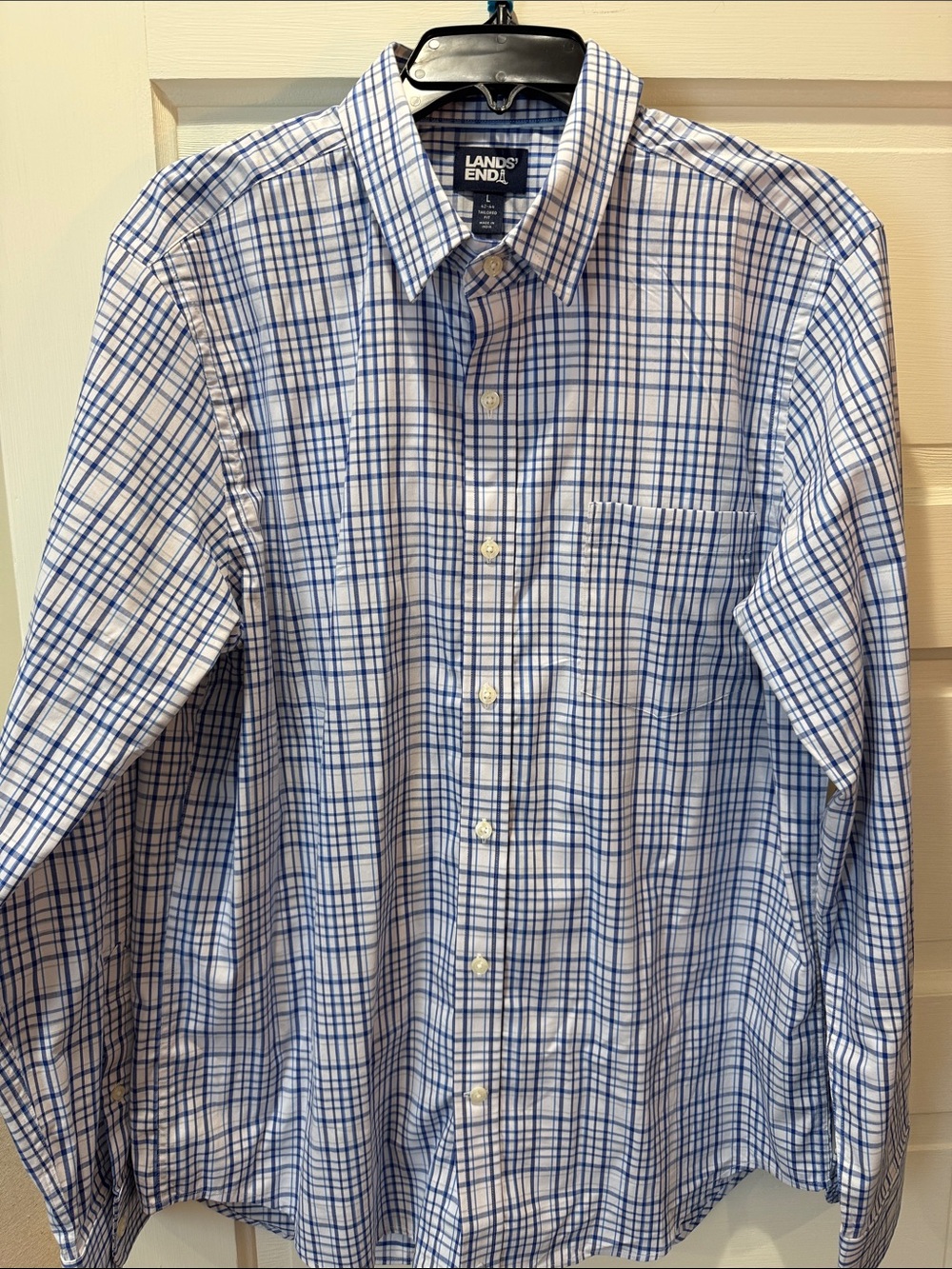 Lands' End Men's White and Blue Plaid Button-Down Shirt
